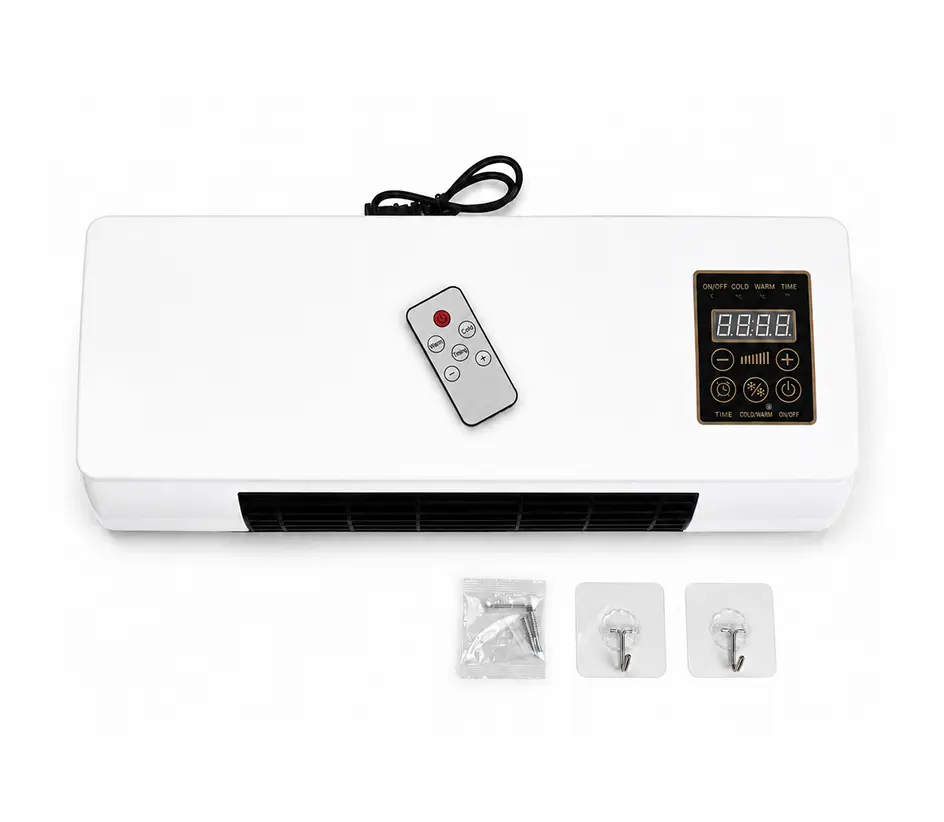 Cozy Cove Pro heater, remote control, and wall mounting accessories
